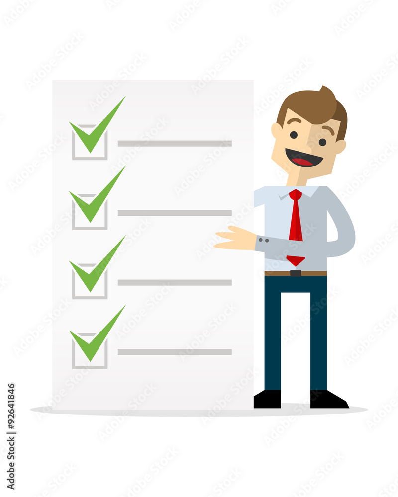 Vector of a businessman with a list of check marks Vector of a businessman with a list of check marks