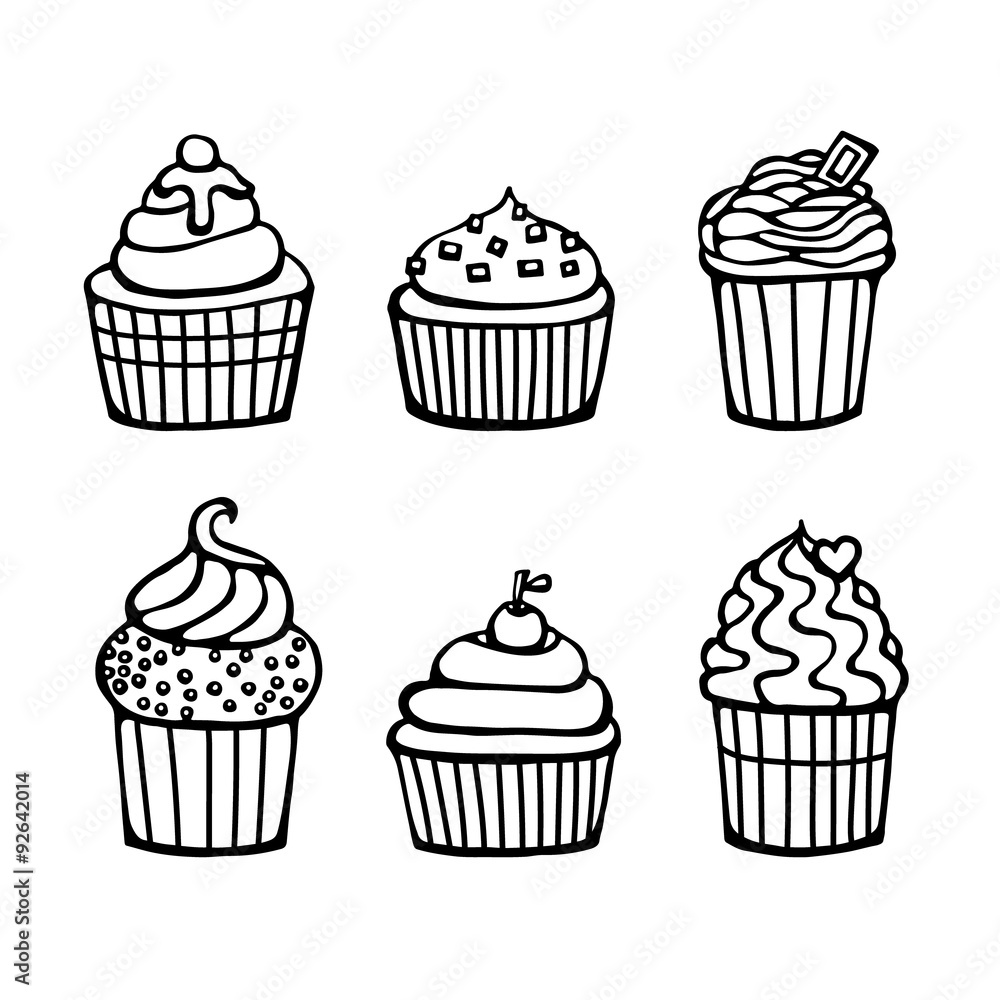Hand drawn doodle set of sweet capecakes. Isolated.