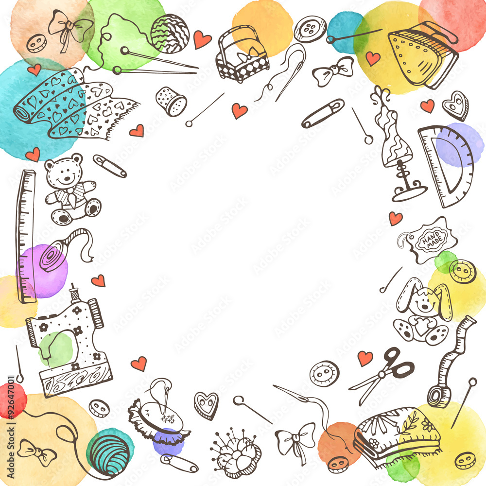 Decorative round frame from craft tools. Doodle illustration. Poster ...