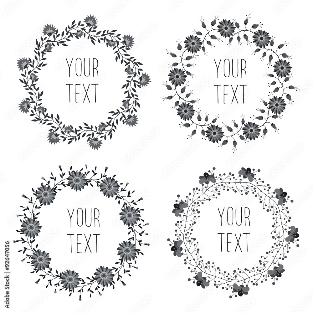 Vintage floral wreath with text isolated on white background. Vector badges for logo design. Floral elements for wedding invitations and postcards.