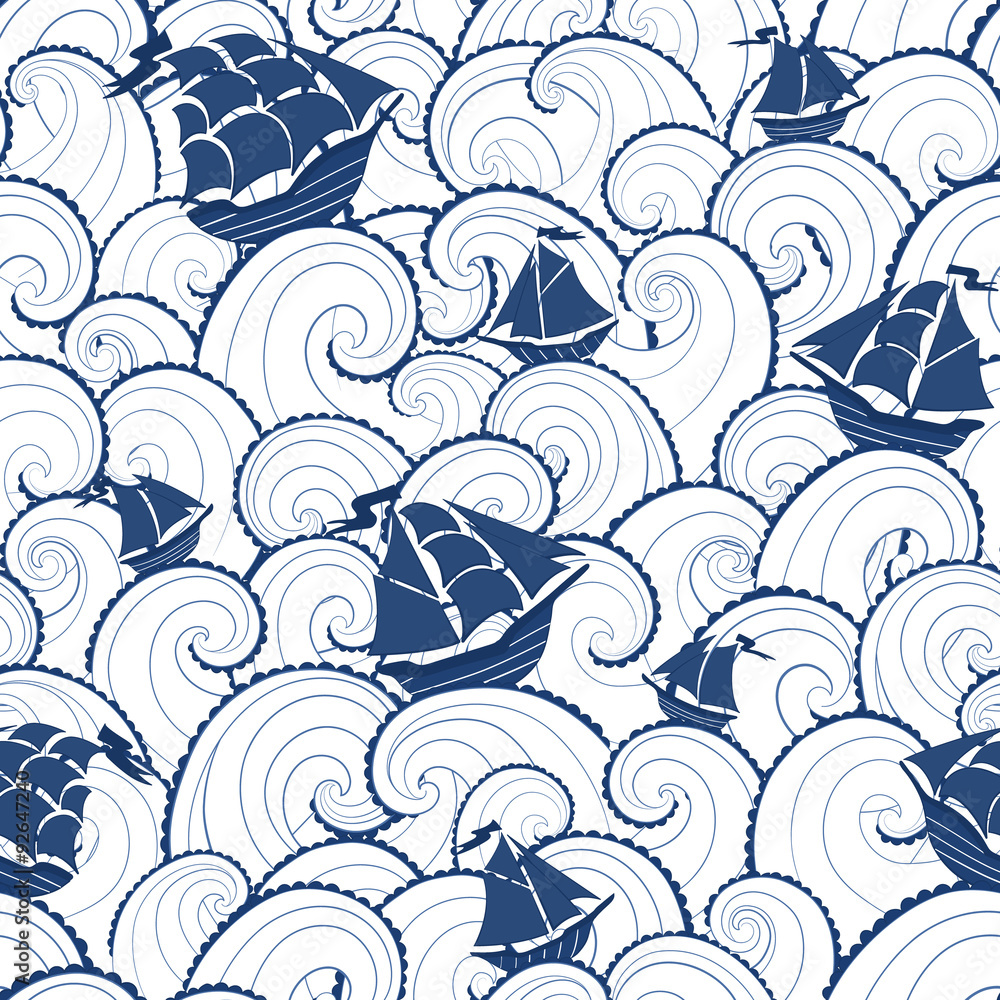 Naklejka premium Marine background. Ships and waves sea .seamless pattern. Nautical cartoon background.