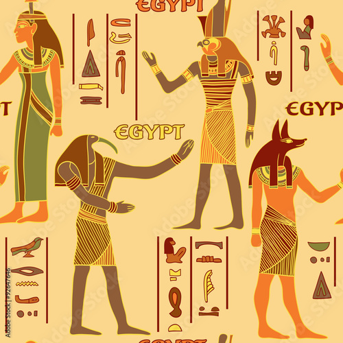 Vintage seamless pattern with egyptian gods and ancient egyptian hieroglyphs. Retro hand drawn vector illustration