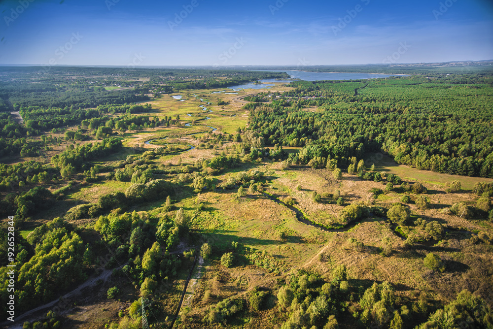 Aerial view of forest with meandering river and distant lake