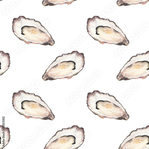 Oyster - seafood and marine cuisine. Seamless watercolor pattern