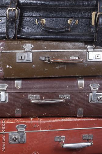 Stack of old suitcases closeup