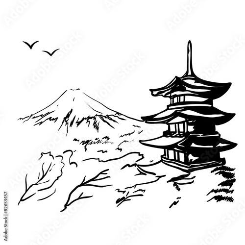 landscape with Fuji mount, sakura tree and Japan pagoda illustration