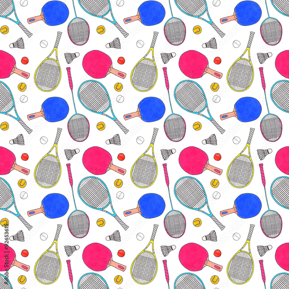 Racquets, balls and shuttlecocks. Seamless watercolor pattern Racquets, balls and shuttlecocks. Seamless watercolor pattern