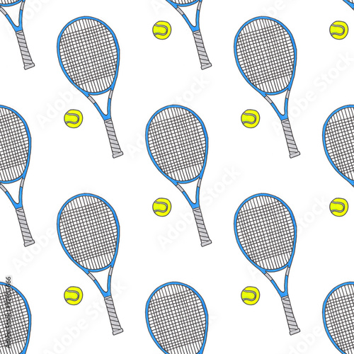 Tennis racquets and balls. Seamless watercolor pattern with © runlenarun