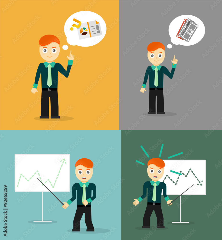 Set of cute cartoon young businessmen. Idea concept and finance