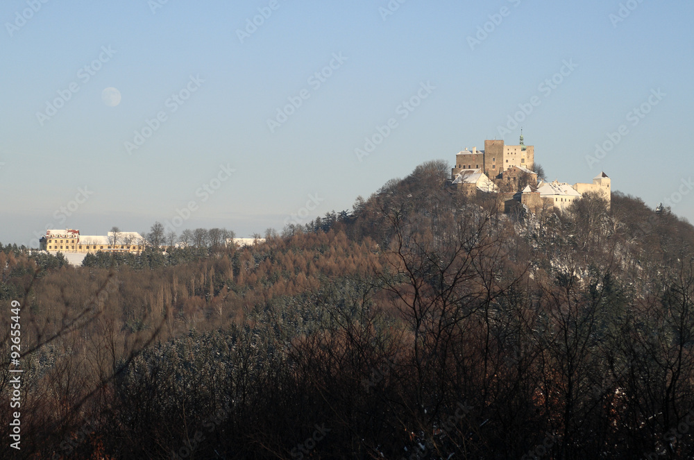 Winter view of the Buchlov Castle - the royal castle (from the 13th century) that belongs to significant dominants of Chriby mountains in south-eastern Moravia, Czech Republic. 