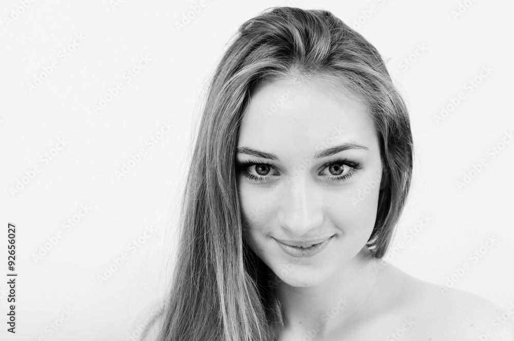 Close up black and white portrait of attractive girl with bare Close up black and white portrait of attractive girl with bare