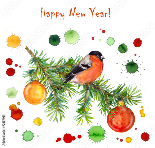 Christmas card with watercolor drops, bird on spruce snow tree © zzorik