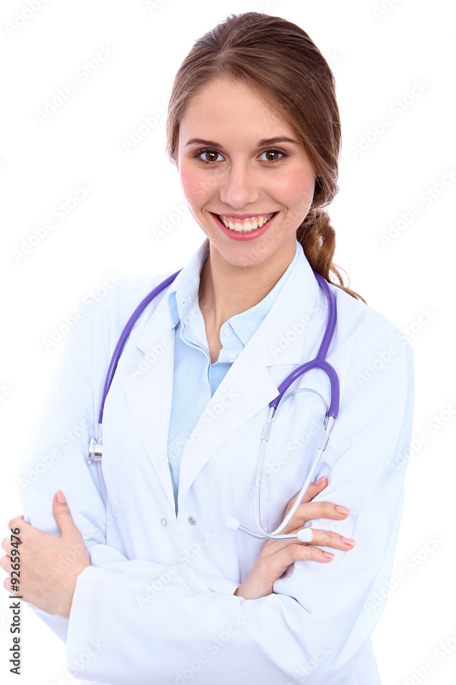 Friendly smiling young female doctor, isolated over white background Friendly smiling young female doctor, isolated over white background