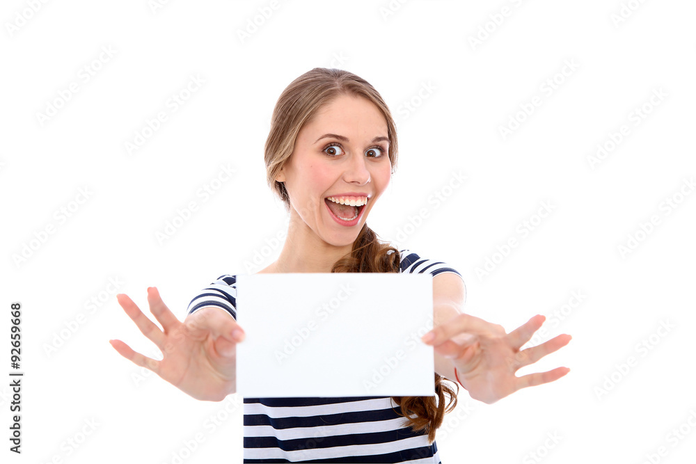 Student girl showing white blank sheet - copy space, isolated over background Student girl showing white blank sheet - copy space, isolated over background