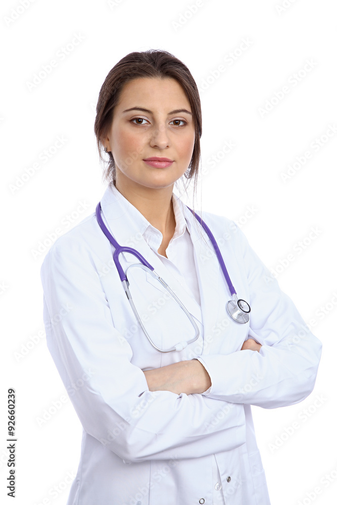 Friendly smiling young female doctor, isolated over white background Friendly smiling young female doctor, isolated over white background