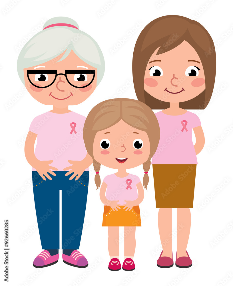 Three generations of women wearing pink shirt and ribbons for breast cancer
