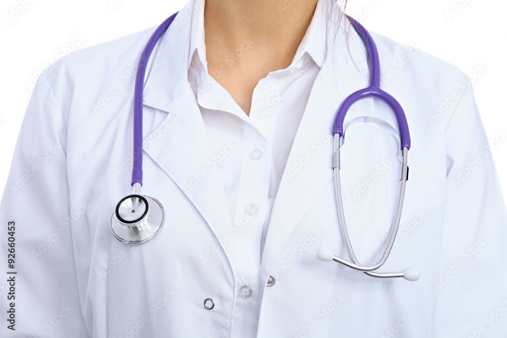 Female doctor with stethoscope, isolated over white background Female doctor with stethoscope, isolated over white background