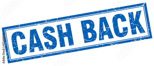 cash back blue square grunge stamp on white