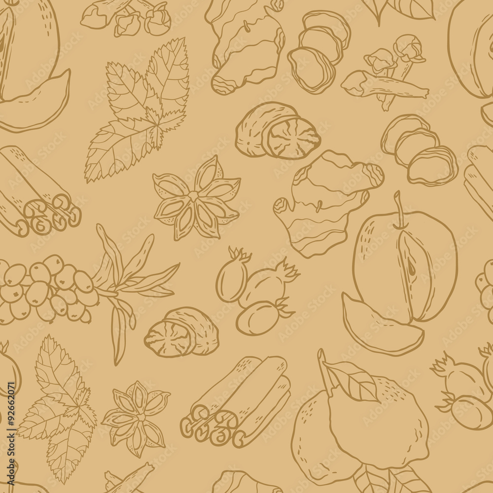 Seamless vector pattern with spices, berries and fruits for autumn beverages. Vector hand drawn illustration. Seamless vector pattern with spices, berries and fruits for autumn beverages. Vector hand drawn illustration.