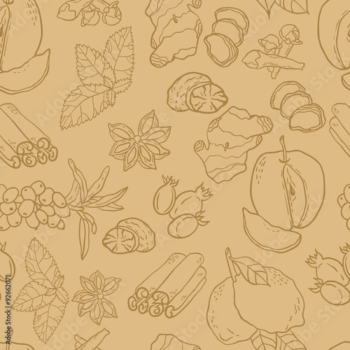 Seamless vector pattern with spices, berries and fruits for autumn beverages. Vector hand drawn illustration.
