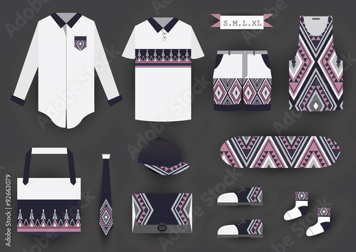 Corporate design fashion set template. T-shirt,clothing,bag,shoes,necktie,cap and skateboard.