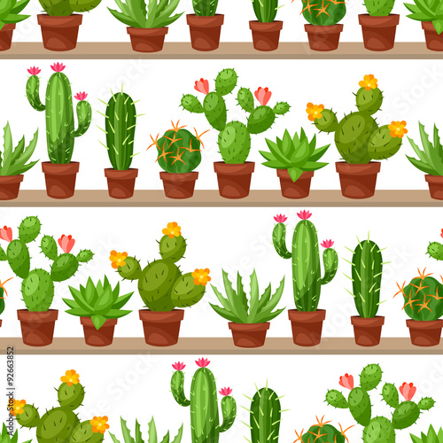 Seamless pattern of abstract cactuses in flower pot on shelves