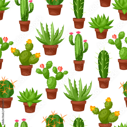Seamless pattern of abstract cactuses in flower pot