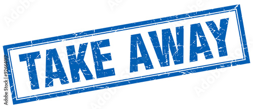 take away blue square grunge stamp on white