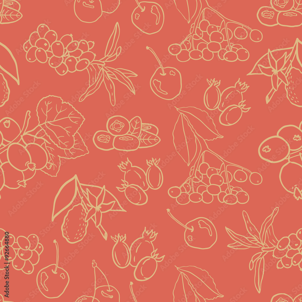 Seamless vector pattern with berries for autumn beverages. Vector hand drawn illustration. Seamless vector pattern with berries for autumn beverages. Vector hand drawn illustration.