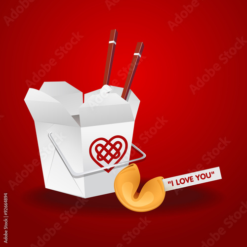 chinese food box with chopsticks and fortune cookie