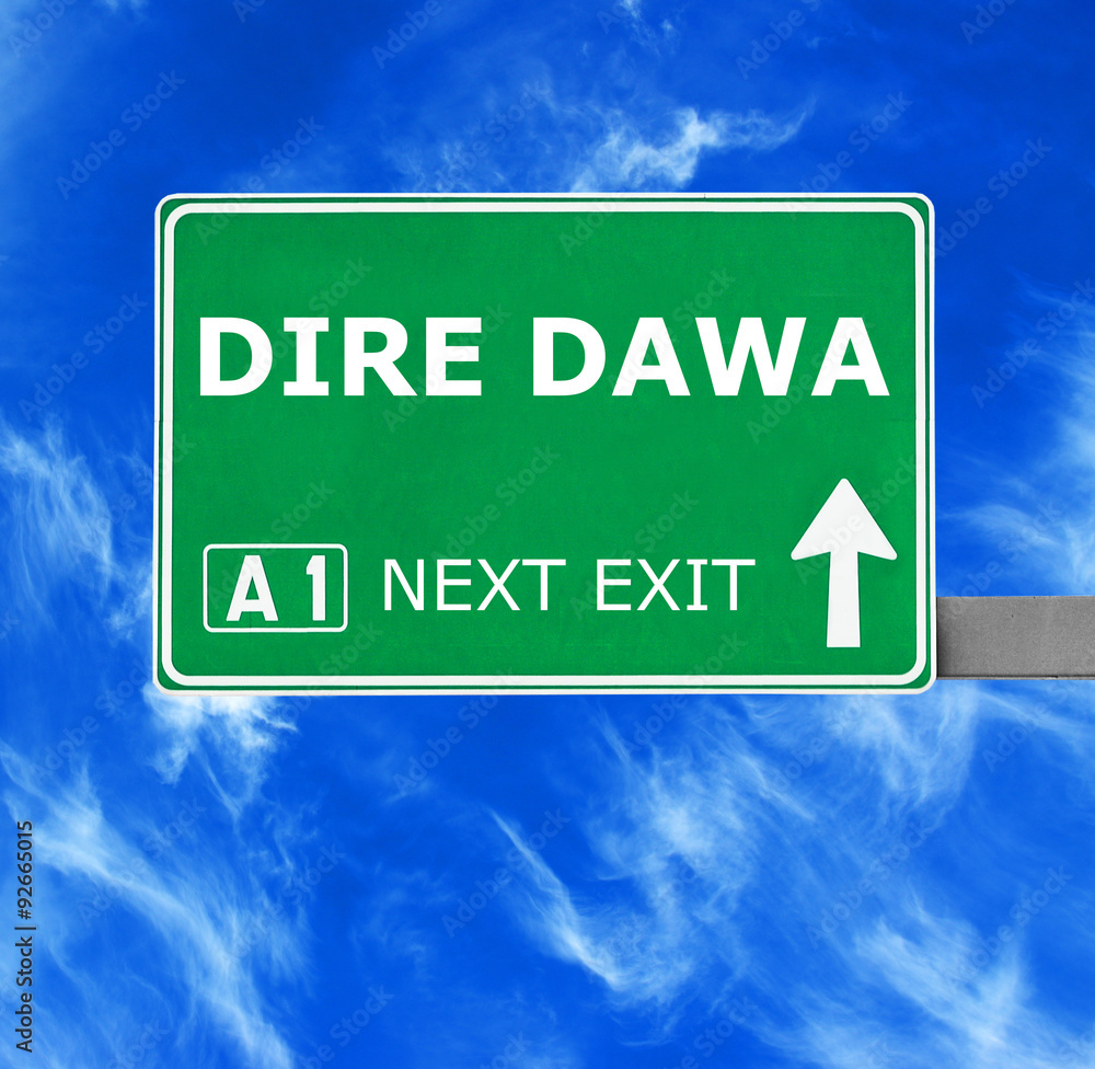 DIRE DAWA road sign against clear blue sky - obrazy, fototapety, plakaty 
