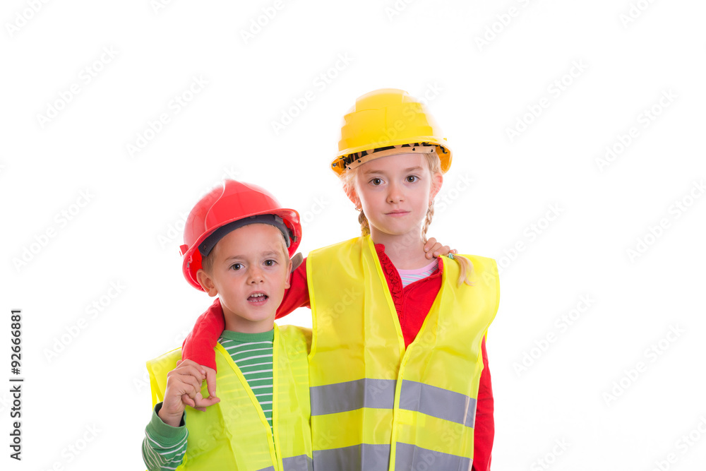 boy and girl with reflective vest and helmet boy and girl with reflective vest and helmet