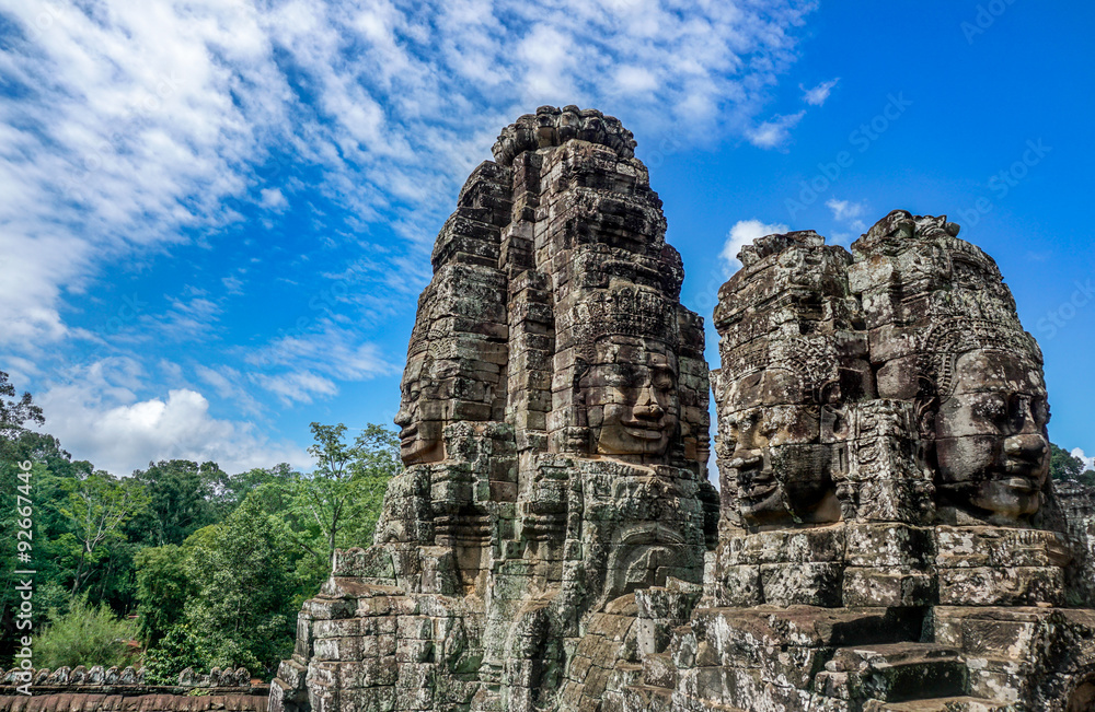 SIEM REAP, CAMBODIA: Famous head statues of ancient Prasat Bayon temple at Angkor Wat.