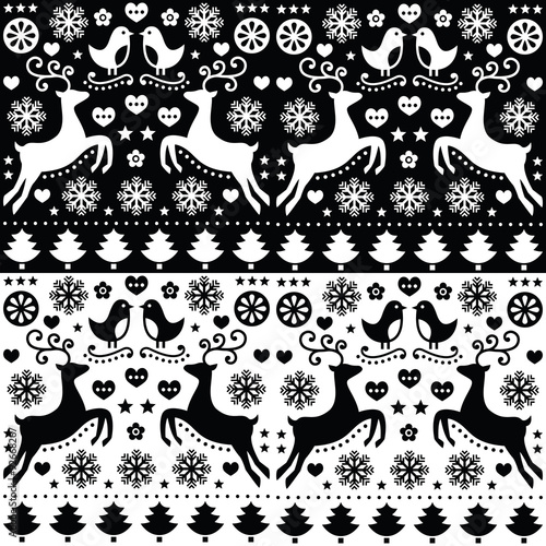 Christmas seamless monochrome pattern with reindeer - folk style
 