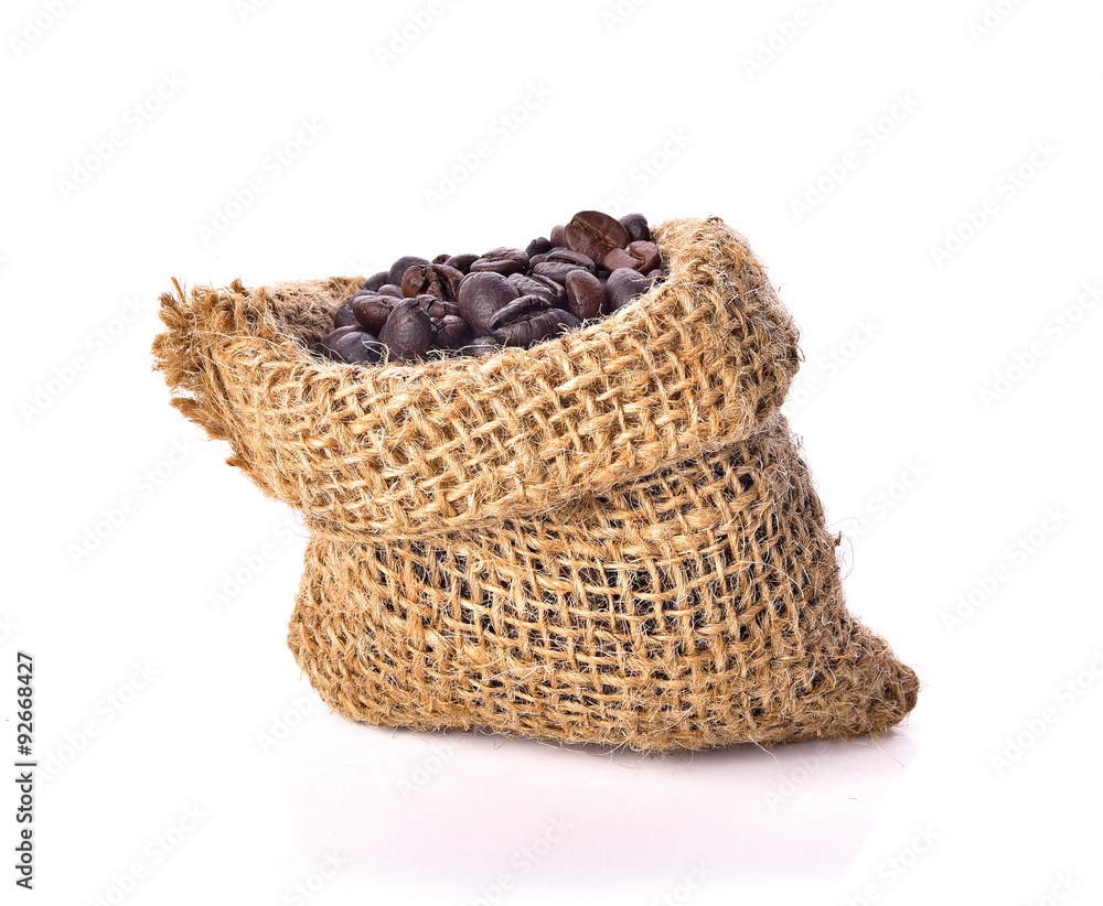 Sack of coffee beans isolated white background Sack of coffee beans isolated white background