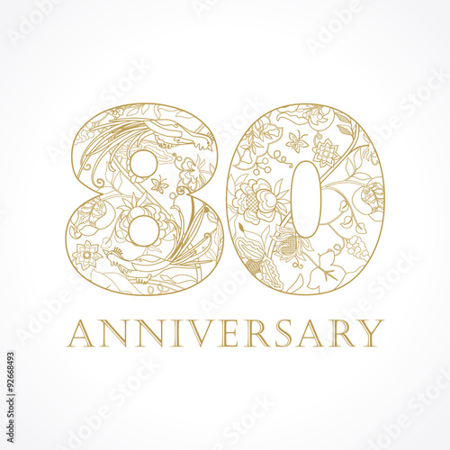 80 anniversary vintage numbers. The template logo 80th birthday in ethnic patterns and the birds of paradise.
