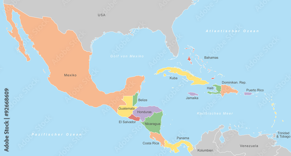 Mittelamerika - Karte in Farbe (mit Beschriftung)