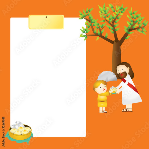 A template with a orange background, A child is giving his lunch to Jesus.