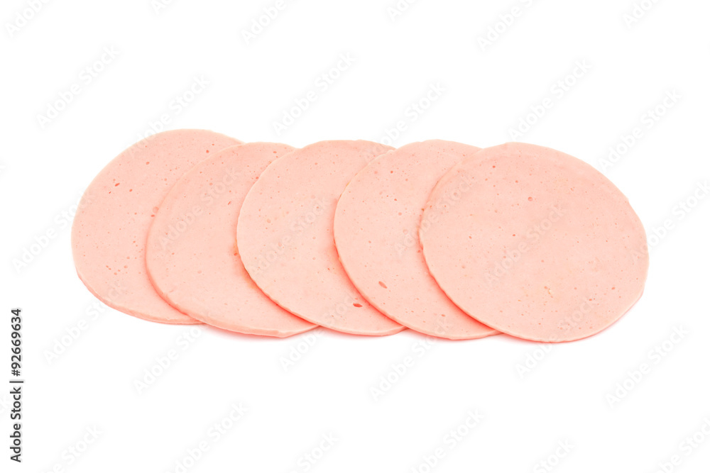 ham sausage or rolled bologna slices isolated on white backgroun ham sausage or rolled bologna slices isolated on white backgroun