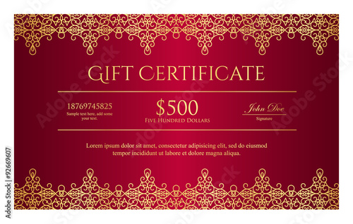 Red gift certificate with gold ornamental pattern
