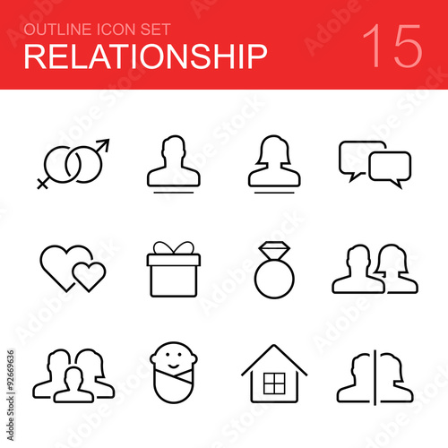 Relationship vector outline icon set - sex, man, woman, conversation, love, gift, wedding ring, couple, family, child, home, divorce