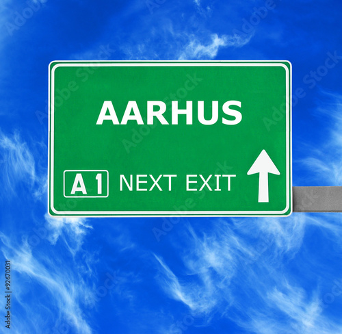 AARHUS road sign against clear blue sky