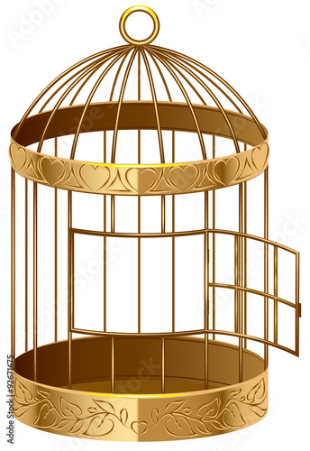 Open gold birdcage. An empty birdcage