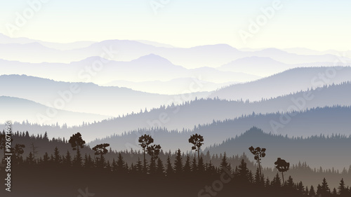 Horizontal illustration of morning misty in forest hills.