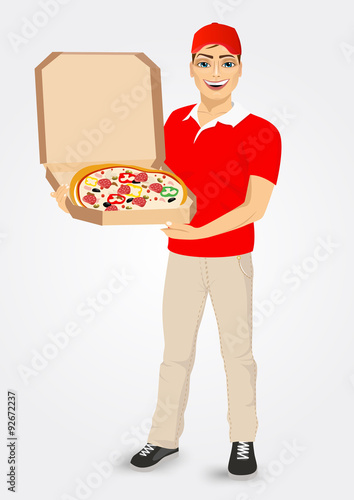 pizza delivery courier in red uniform
