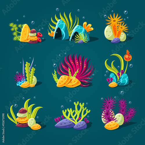 Set of cartoon algae, elements for aquarium decoration