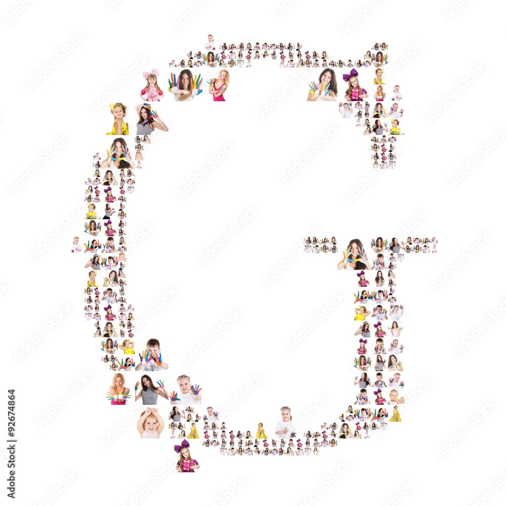 collage of portraits of people in the forming capital letter of the alphabet. letter G. Isolated on the white background collage of portraits of people in the forming capital letter of the alphabet. letter G. Isolated on the white background