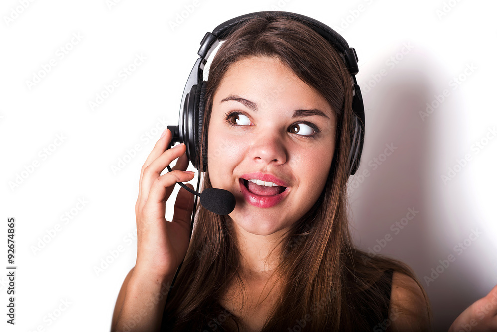 Portrait of happy cheerful beautiful young support phone operato Portrait of happy cheerful beautiful young support phone operato