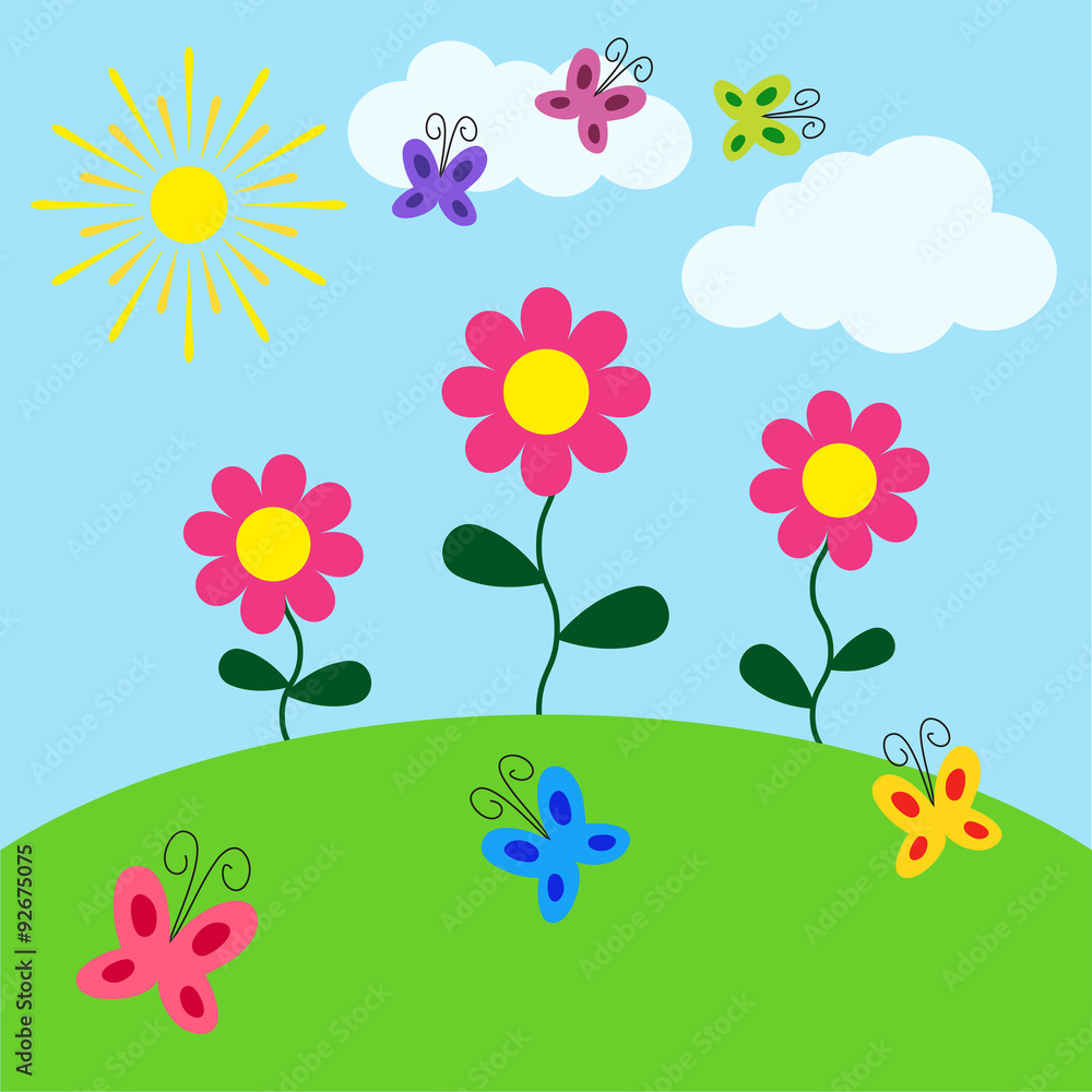 Summer sunny landscape. Beauty card with flowers, butterflies, sun and clouds. Vector illustration.