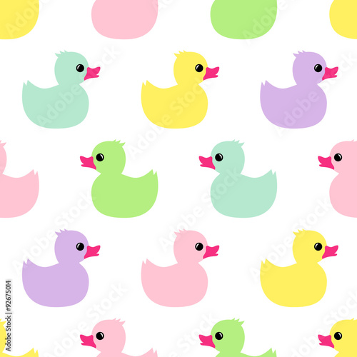 Colorful seamless pattern with multicolor rubber duck on white background. Duck toy baby shower illustration.